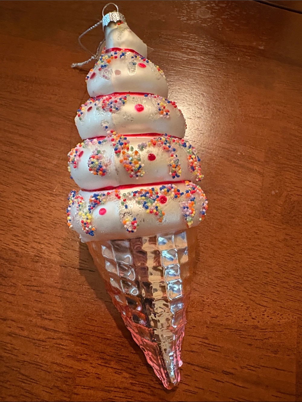 Holiday Ice Cream Cone Ornament - White and Pink Festive Tree Decoration - Picture 4 of 5